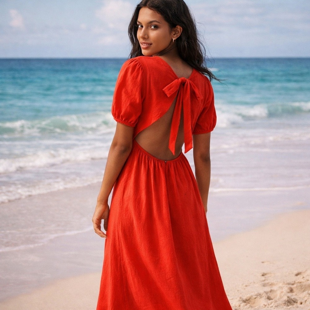 Scoop Red Linen Blend Puff Sleeve Dress M Tie Back Cutout Midi Boho Cottacgecore